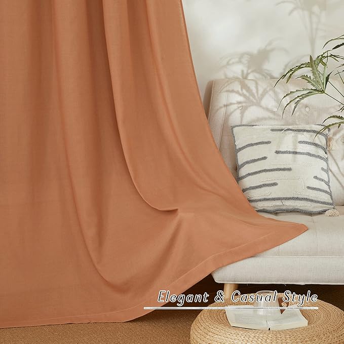 NICETOWN Flax Burnt Orange Linen Curtains for Room Divider, Grommet Top Thick Flax Semi Sheer Vertical Drapes Privacy Assured with Light Filtering for Sliding Glass Door, W68 x L96, 2 Pieces