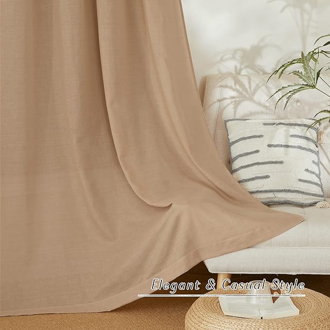 NICETOWN Linen Curtains for Windows 90 inch Long, Grommet Semi Sheer Vertical Drapes Privacy Added with Light Filtering for Doorway/Living Room, Camel, W42 x L90, 2 Pieces