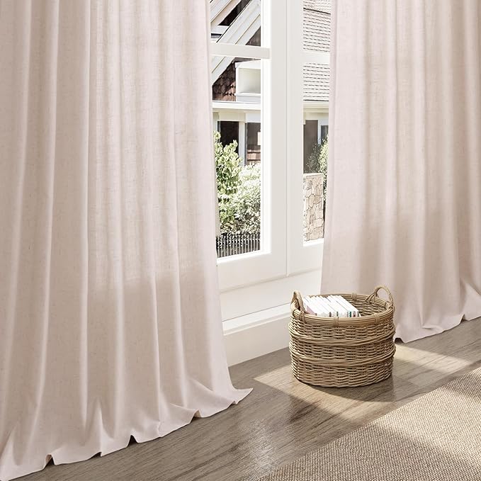 Nanspring Natural White Linen Curtains 108 Inches Long for Living Room Burlap Textured Neutral Farmhouse Sheer Curtains Back Tab Floor to Ceiling High Window Curtain for Bedroom 52x108, 2 Panels