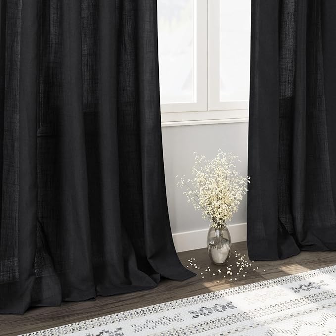 Nanspring Linen Curtains 84 inches Long for Living Room Privacy Sheer Black Simple Modern Curtains Back Tab and Rod Pocket Cotton Textured Curtain for Bedroom Dinner Room 70x84, 2 Panel