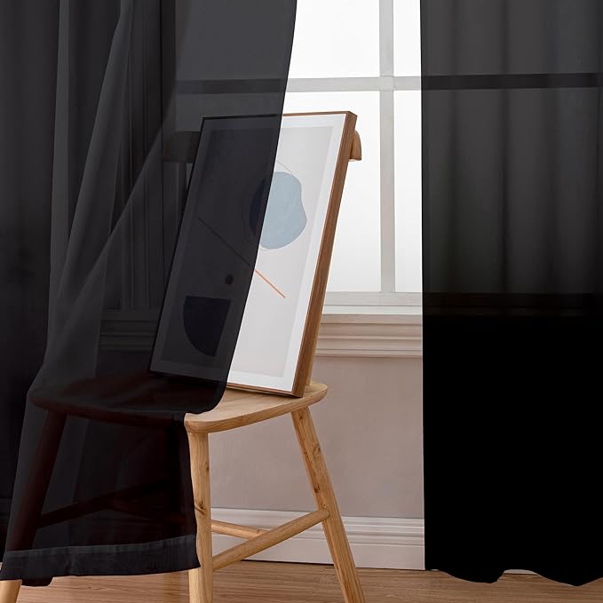 Simplebrand Rod Pocket Top Solid Voile Sheer Curtains for Bedroom, 54 Inch Length Drapes Set of 2, Lightweight and Light Filtering Elegant Black Curtains Panels Window Treatment, 42W×54L, Black