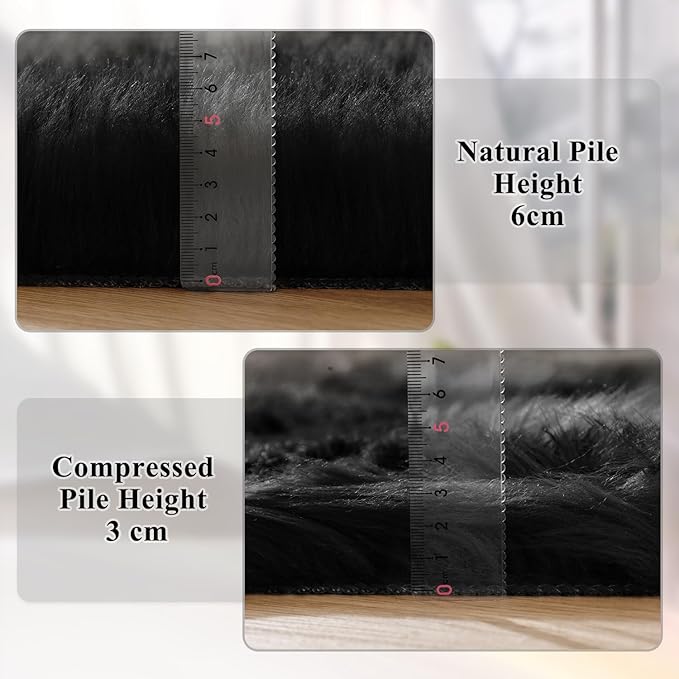 ORINOVA Black Fuzzy Faux Sheepskin Shaggy Fur Rugs for Bedroom Machine Washable Furry Rug 4x6 Area Rugs for Nursery Decor