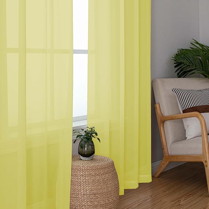 OWENIE Sheer Lemon Curtains for Bedroom Living Room 63 Inch Length 2 Panels Set, Modern Soft Solid Light Filtering Sheer Curtains for Dining Room, Rod Pocket Window Treatments, Lemon, 42" Wx63 L