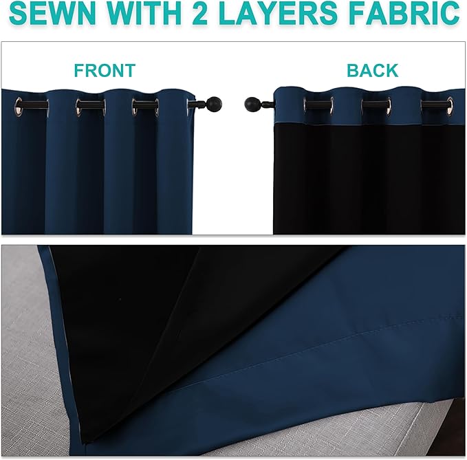 NICETOWN 100% Blackout Curtains with Black Liners, Thermal Insulated Full Blackout 2-Layer Lined Drapes, Energy Efficiency Window Draperies for Bedroom (Moroccan Blue, 2 Panels, 52" W by 63" L)