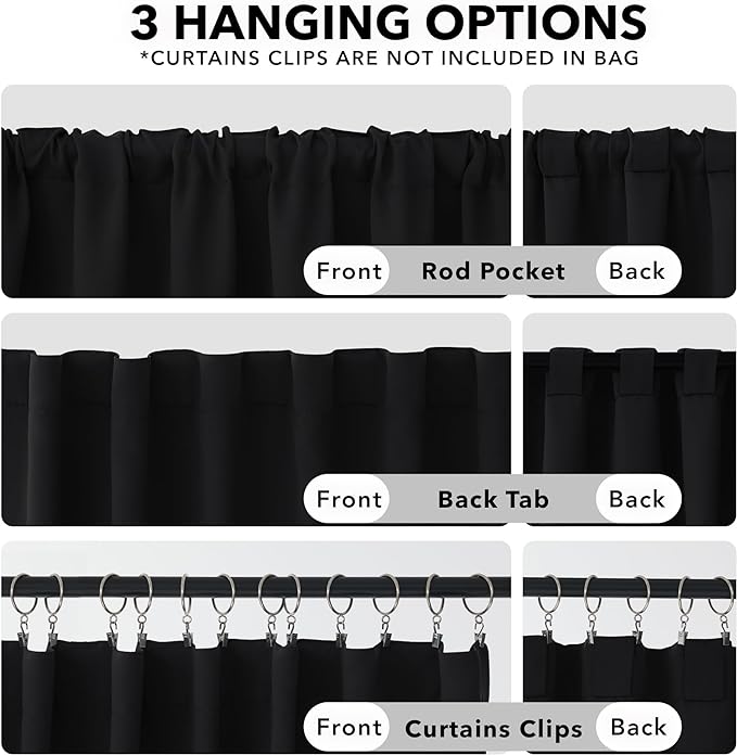 Deconovo Blackout Curtains, Thermal Insulated, W52 x L45 2 Panels, Back Tab, Machine Washable, Room-Darkening Drapes for Bedroom/Living Room Black