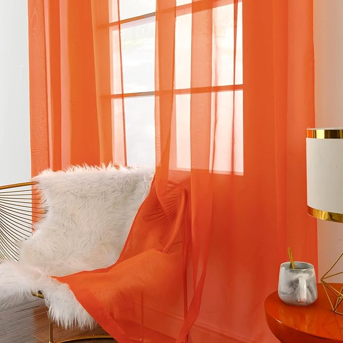 SpaceDresser Sheer Voile Window Treatment Rod Pocket Curtain Panels for Kitchen Bedroom Living Room Drapes Sunlight Filtering Privacy Semi Home Decor Assorted (Burnt Orange, 52 W x 63 L)