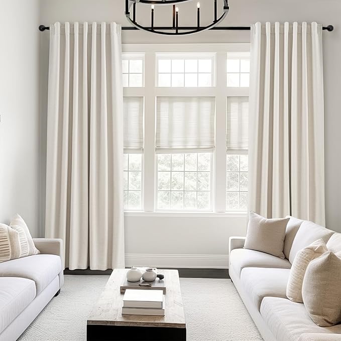Topfinel 92 Inch Long Black Out Custom Drapery 2 Panels Neutral Blackout Cream White Curtains, Sun Blocking Tab Top Curtain Room Divider, Internet Famous Textured Linen Curtains 52" X 92", Bay Window
