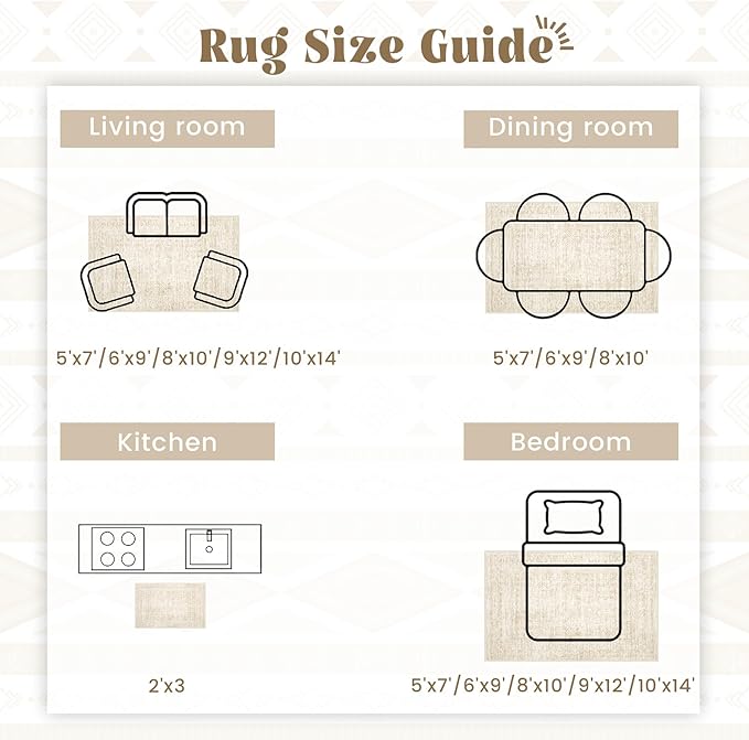 Living Room Rugs 9x12: Washable Moroccan Geometric Boho Rug Farmhouse Non Slip Stain Resistant Large Rug Low Pile Soft Carpet for Bedroom Dining Room Children Room (Beige,9'x12')