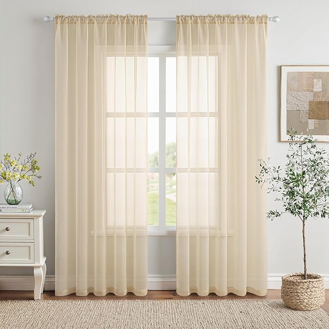 MIULEE 2 Panels Solid Color Sheer Window Curtains Elegant Window Voile Panels/Drapes/Treatment for Bedroom Living Room (54X45 Inches Cream)