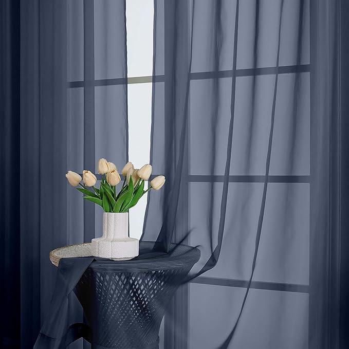OWENIE Sheer Navy Blue Curtains, Sheer Curtains 63 inch Length 2 Panels Set, Rod Pocket Voile Fimly Sheer Drapes for Living Room Bedroom, 2pcs, Navy Blue, Each 59" W x 63" L