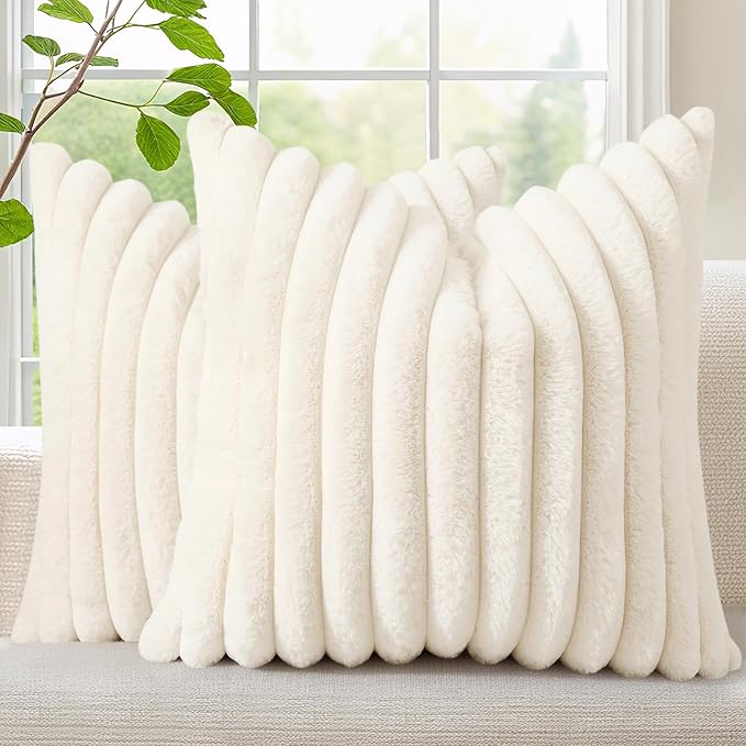 decorUhome Summer Cozy Faux Fur Throw Pillow Covers 20x20 Set of 2 Decorative Soft Plush Striped Modern Farmhouse Boho Couch Pillow Cases with Velvet Back for Sofa Bed Living Room, Cream White