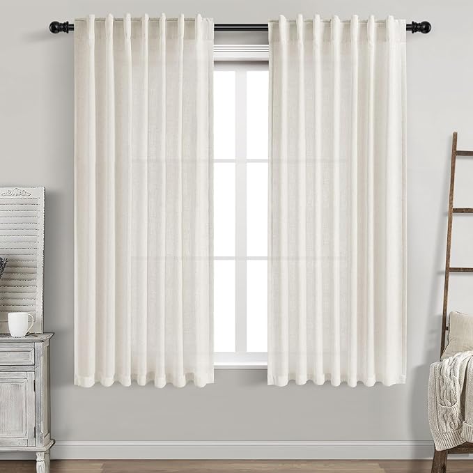 Cream Linen Curtains 61 Inch Length for Living Room 2 Panels Set Neutral Modern Farmhouse Window Curtain Semi Sheer Light Filtering Privacy Back Tab Rod Pocket Drapes for Bedroom Natural Ivory 52x61