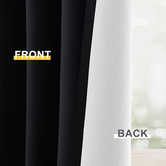 Yakamok 100% Blackout Curtain Panels 84 inches Cold and Light Blocking Drapes for Nursery, 2 Thick Layers Thermal Insulated Draperies (2 Pieces, 40 Wide Each Panel, Black Front with White Backing)