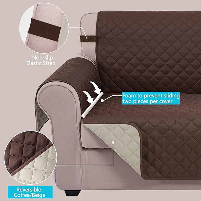 U-NICE HOME Reversible Sofa Cover Couch Cover for Dogs with Elastic Straps Water Repellent Furniture Protector for Pets Couch Cover for 3 Cushion Couch (Sofa, Coffee/Beige) (Pack of 2)