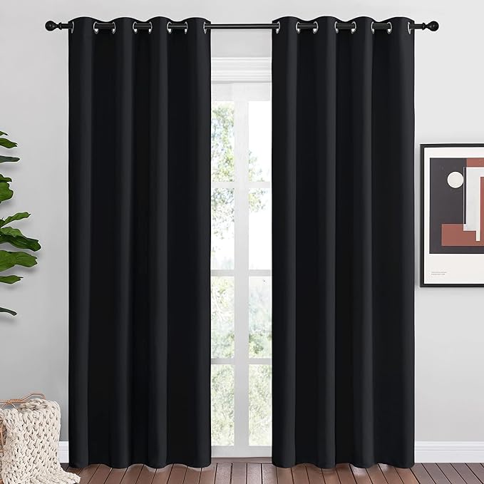 NICETOWN Black Out Curtains for Bedroom Living Room 80 Inches Long, 2 Panels, 52" W, Black, 3 Pass Microfiber Noise Reducing Thermal Insulated Solid Ring Top Blackout Window Drapes