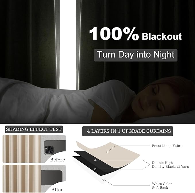 Topfinel 92 Inches Long Cream Custom Black Out Drapery Panels, Rustic Burlap Sound Blocking Tweed Pleated Window Coverings, Kids Winter Boho Heat Blocking Back Tab Curtains for Bay Window Patio