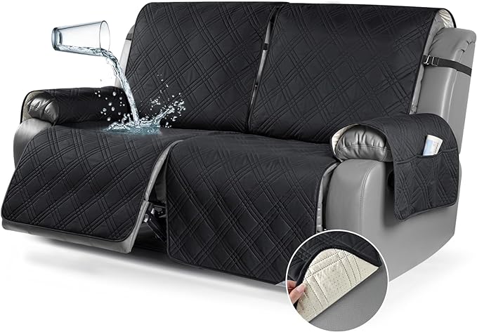 TAOCOCO 100% Waterproof Oversized Loveseat Recliner Cover, Non Slip Split Couch Covers for Reclining Loveseat with Elastic Straps for Kids Pets(Oversized 2 Seater, Black)