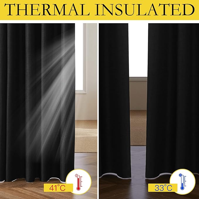 NICETOWN Black Truly Blackout Linen Blend Flax Drapes for Office, Vintage Grommet 100% Blackout Curtains with White Liner Backing for Kitchen Dorm Window（Set of 2, 62" Wide x 63" Long