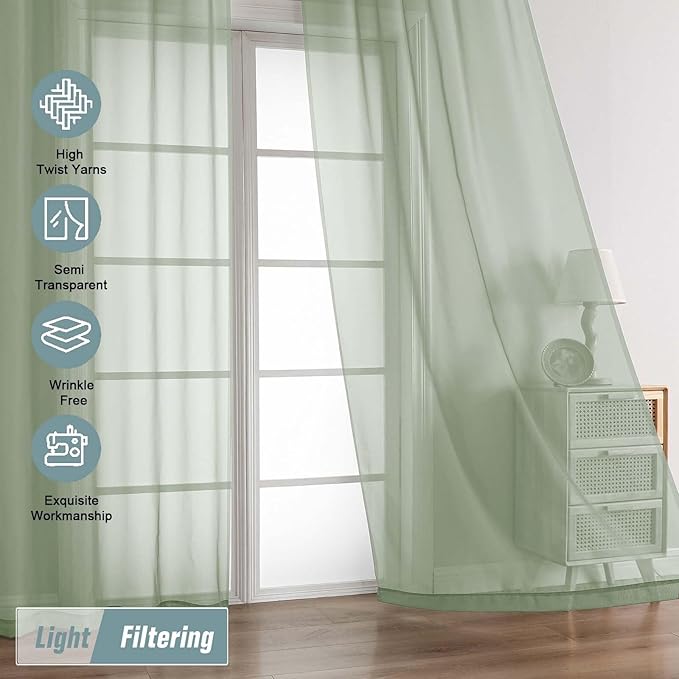 Extra Wide Sage Green Sheer Curtains for Windows 108 inches Long, Lightweight Light Filtering Soft Drapes for Living Room Bedroom, Dual Rod Pocket Sheer Curtains, 2x59Wx108L inches, 9FT, 2PCS