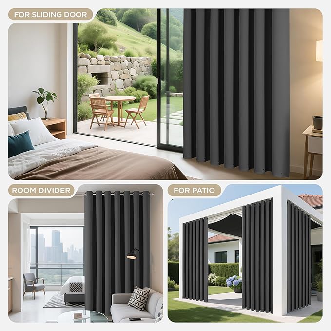 Joydeco Blackout Patio Sliding Door Curtains 90 Inches Long, Grommet Privacy Room Divider Curtains, Extra Wide Thermal Blackout Drapes for Bedroom Living Room (Grey, 80Wx90L, 1 Panel)