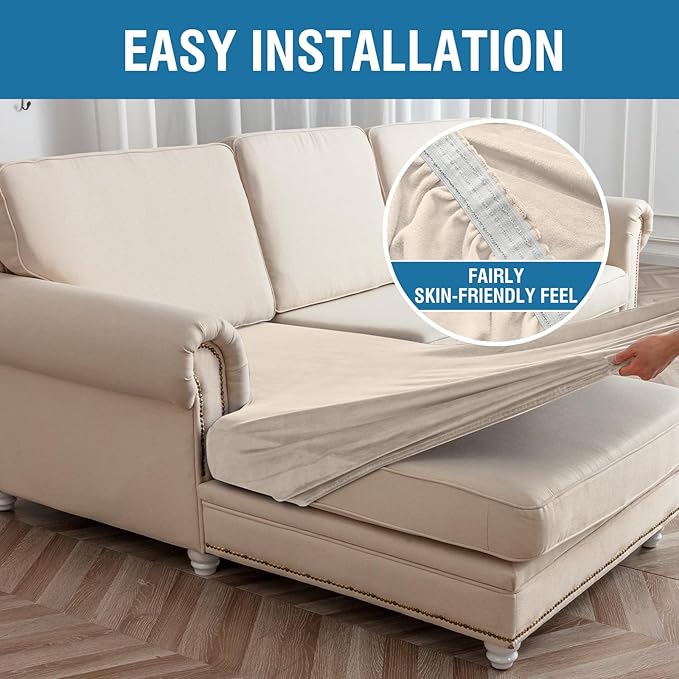 Couch Cover 8-Piece Elastic Velvet Couch Cushion Covers & Chaise Slipcovers for L-Shaped Sofas - Sofa Seat Covers Washable, Soft Protector for Couches (7 Seater + Chaise, Cream)