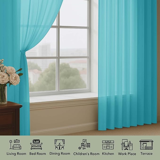 OWENIE Extra Long Turquoise Sheer Curtains 96 Inches Long 2 Panels Set, Soft Lightweight Airy Voile Sheer Curtain for Bedroom Living Room, Rod Pocket Solid Color Farmhouse Curtains, 59" Wx96 L Inch