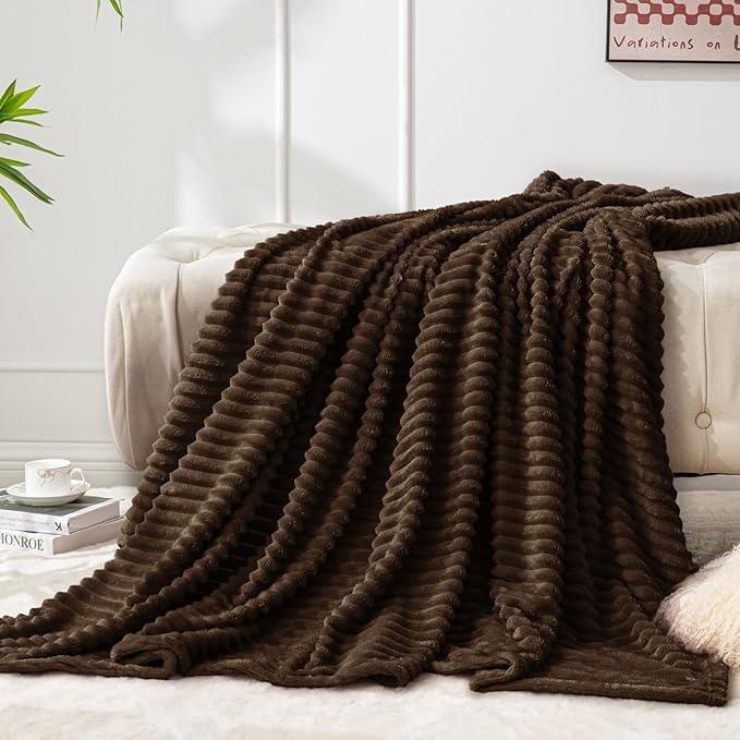 BEDELITE Fleece Blanket Twin Size – 3D Ribbed Jacquard Soft and Warm Decorative Fuzzy Blankets – Cozy, Fluffy, Plush Lightweight Throw Blankets for Couch, Bed, Sofa(Dark Brown, 60x80 inches)