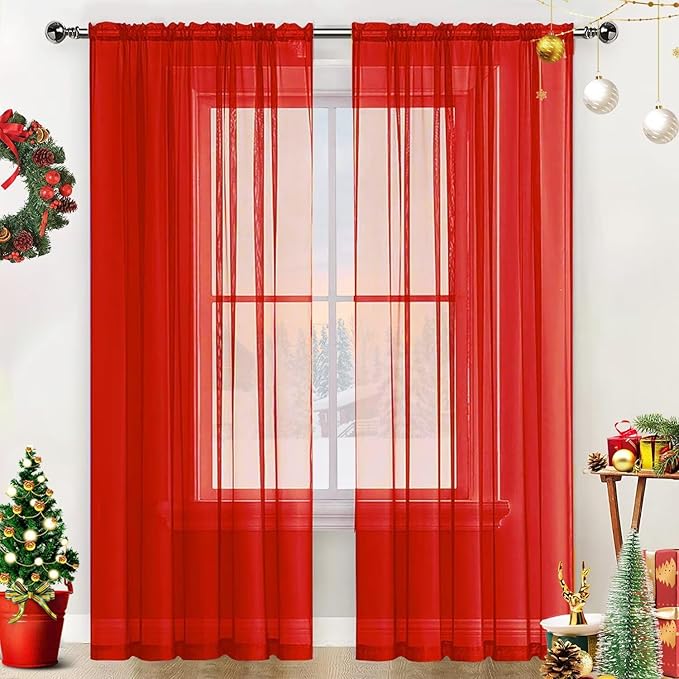 SpaceDresser Sheer Voile Window Treatment Rod Pocket Curtain Panels for Kitchen Bedroom Living Room Drapes Sunlight Filtering Privacy Semi Home Decor Assorted (Red, 52 W x 108 L)