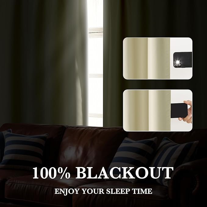 RYB HOME 100% Blackout Short Curtains for Small Window, Thermal Insulated Total Room Darkening Noise Reducing Curtains for Kitchen Bathroom Basement, 42 inches Wide by 36 inches Long, Beige