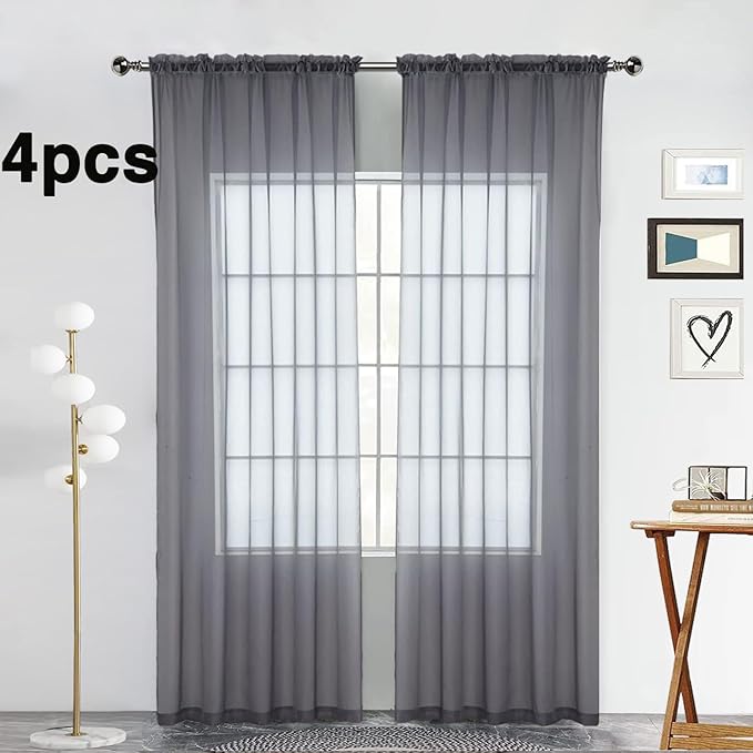 SpaceDresser Grey Sheer Curtains 4 Panels Rod Pocket Semi-Sheer Curtain 54 Inches Long Light Filtering Voile Window Drapes for Bedroom Living Room Kitchen, Each 52W x54L