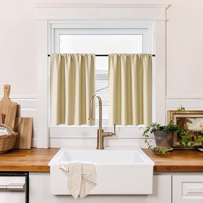 RYB HOME 100% Blackout Basement Curtains 24 inches Long, Heat & UV Blocking Total Room Darkening Noise Reducing Curtains for Bathroom RV Campers, Biscotti Beige, 2 Panels Set