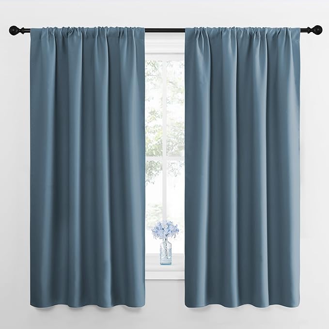 NICETOWN Kitchen Curtains, Short Blackout Drapes, Smoky Blue, 34 in x 45 in (W x L), Set of 2, Thermal Insulated Rod Pocket Window Treatment Draperies for Nursery