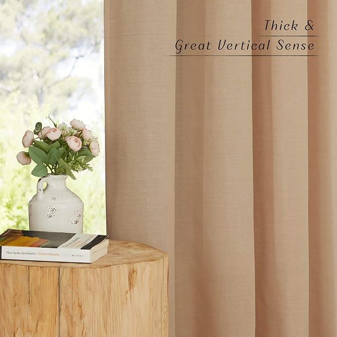 NICETOWN Camel Linen Window Curtains 84 inches Long, Grommet Thick Flax Semi-Sheer Light Filtering Curtains & Drapes Privacy Assured with Light Filtering for Living Room, W55 x L84, 2 Pieces