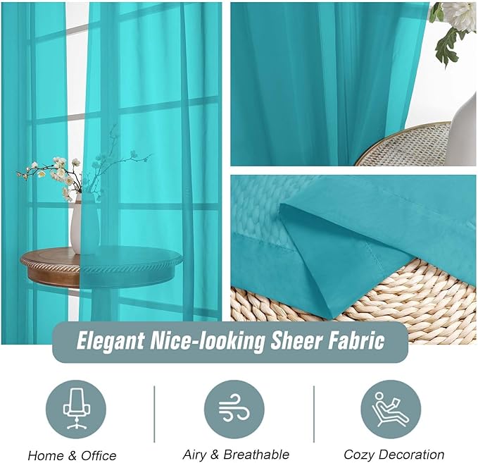 Turquoise Sheer Curtains for Window 72 inches Long 2 Panels Set, Soft Airy Modern Light Filtering Sheer Curtains for Living Room Bedroom, Dual Rod Pocket Solid Window Drapes, 2x42Wx72L inches
