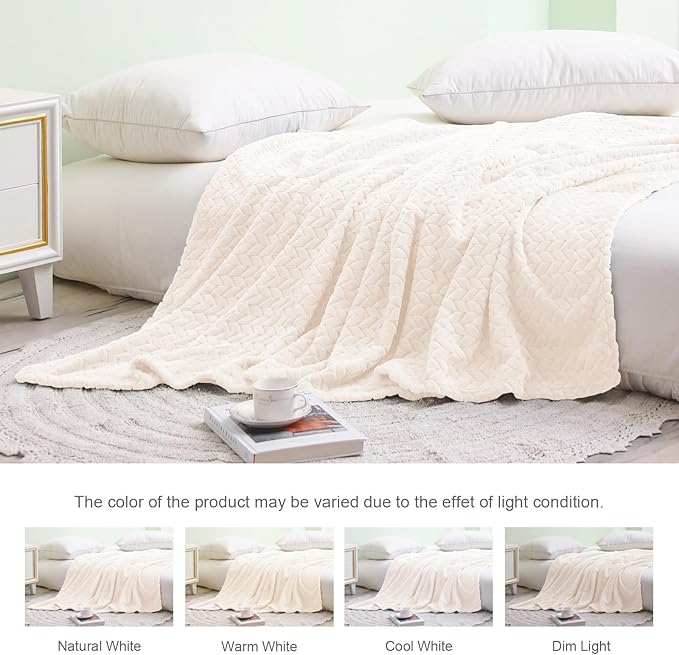 Exclusivo Mezcla Fleece Queen Size Blanket for Bed, 90x90 Inches Soft Cozy Jacquard Flannel Blankets, Lightweight Fuzzy Plush Warm for Women, Off White