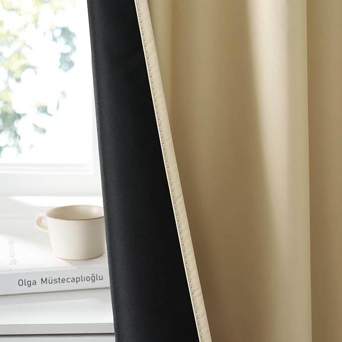 RYB HOME 100% Blackout Basement Curtains 24 inches Long, Heat & UV Blocking Total Room Darkening Noise Reducing Curtains for Bathroom RV Campers, Biscotti Beige, 2 Panels Set
