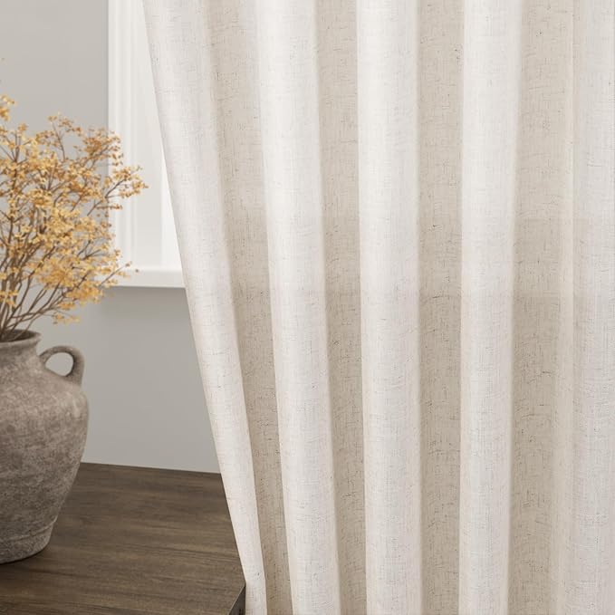 Nanspring Beige Cafe Curtains 48 Inch Length Set 2 Panel Back Tab Pocket Semi Sheer Short Linen Beige Curtain Tiers for Small Bathroom Window Basement 52x48