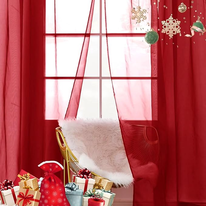 SpaceDresser Sheer Voile Window Treatment Rod Pocket Curtain Panels for Kitchen Bedroom Living Room Drapes Sunlight Filtering Privacy Semi Home Decor Assorted Colors Sizes (Christmas Red, 52 W x 72 L)
