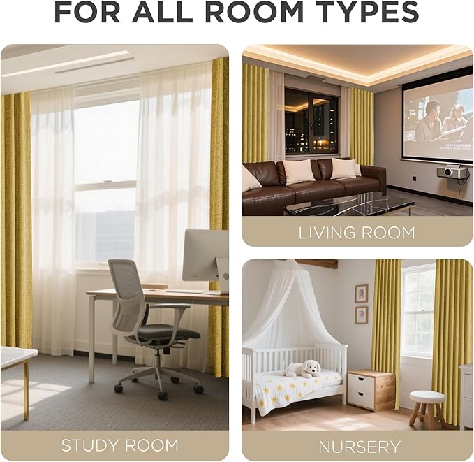 Joydeco Blackout Curtains for Bedroom - 100% Light Blocking 2 Panels Set Yellow Drapes 37" W x 96" L, Thermal Insulated Room Darkening Curtains, Linen Textured for Living Room, Rod Pocket & Back Tabs