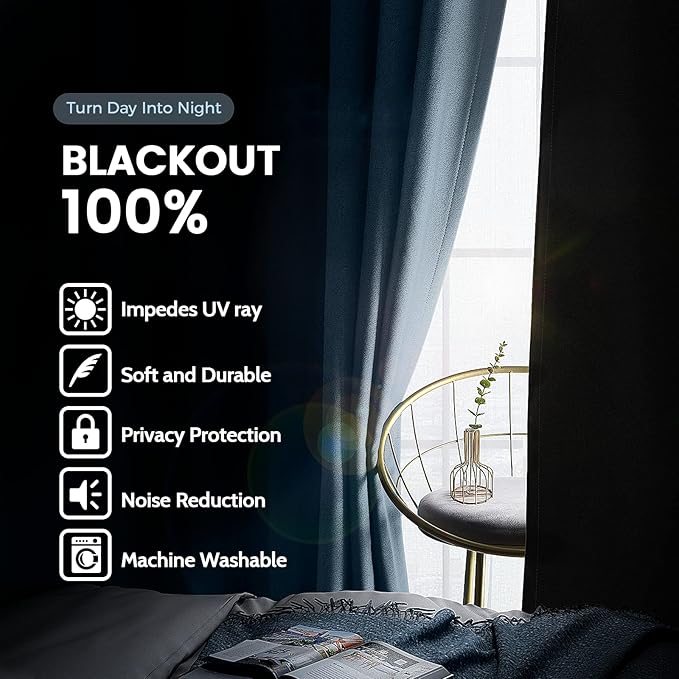 SimpleHome 100% Blackout Curtains for Bedroom,Thermal Insulated Stone Blue Grommet Window Drapes Room Darkening Curtains for Living Room with Black Back,38 x 84 Inch,2 Panels