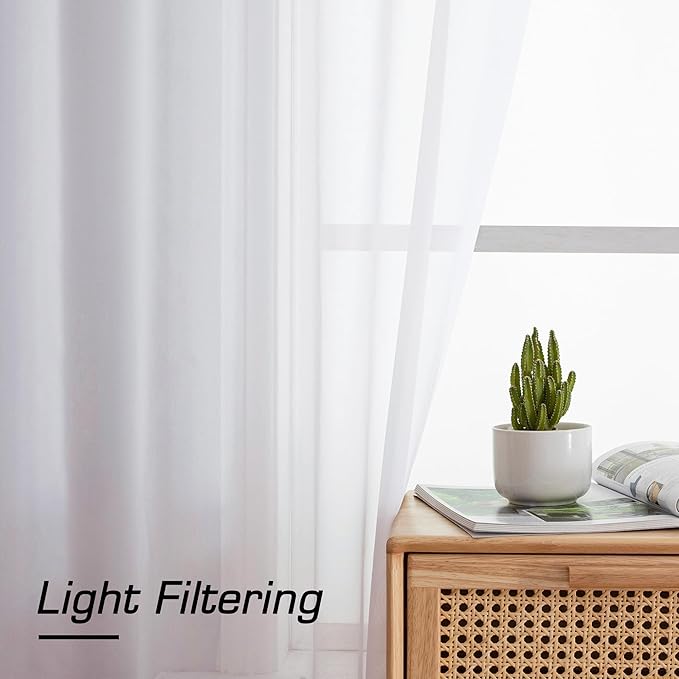 Simplebrand White Sheer Curtains 84 Inches Long, Light Filtering Rod Pocket Solid Color Window Sheer Curtain Panels, Elegant Curtains & Drapes for Living Room, Bedroom 2 Panels (White, 59" W x 84" L)