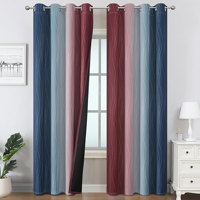 Estelar Textiler Navy Blue and Burgundy Red Ombre Blackout Curtains 96 Inch Length 2 Panels, Light Blocking Thermal Insulated Room Darkening Window Drapes for Bedroom/Living Room, 52x96 Inch