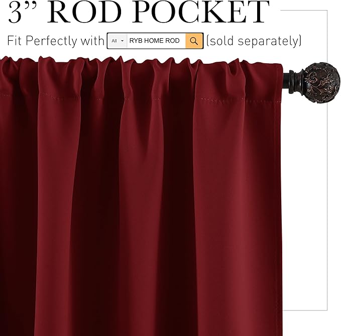 RYB HOME Basement Bathroom Kitchen Cafe Blackout Privacy Curtains, Short Insulating Light UV Heat Blocking Privacy Curtain Tiers for Laundry Room, Width 34 by Length 30, Burgundy Red, 2 Panels