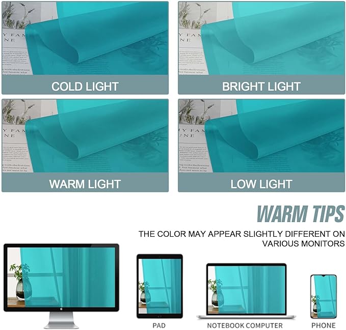 Turquoise Window Sheer Curtains 45 Inches Length, Voile Short Curtains for Living Room Bedroom, Modern Soft Window Drapes 2 Panels Set, Top Dual Rod Pocket Design, 2x42Wx45L Inches