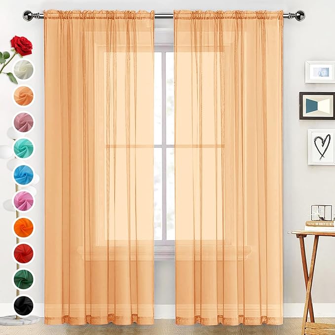 SpaceDresser Sheer Voile Window Treatment Rod Pocket Curtain Panels for Kitchen Bedroom Living Room Drapes Sunlight Filtering Privacy Semi Home Decor Assorted Colors Sizes (Beige, 52 W x 90 L)
