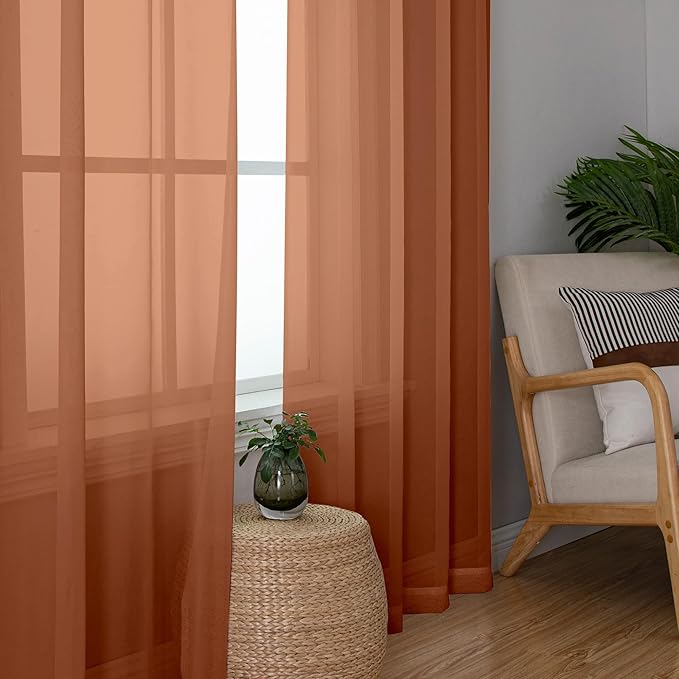 Chyhomenyc Orange Sheer Curtains 45 Inch Long 2 Panels, Light Filtering Rod Pocket Voile Short Curtains Drapes for Living Room Bedroom Small Windows, 42Wx45L Inches