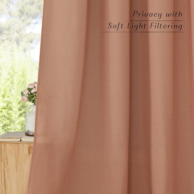 NICETOWN Terracotta Linen Curtains for Girls Room, Grommet Privacy Added Thick Flax Linen Burlap Semi Sheer Light Filtering Window Treatments for Living Room, W55 x L90, 2 Panels