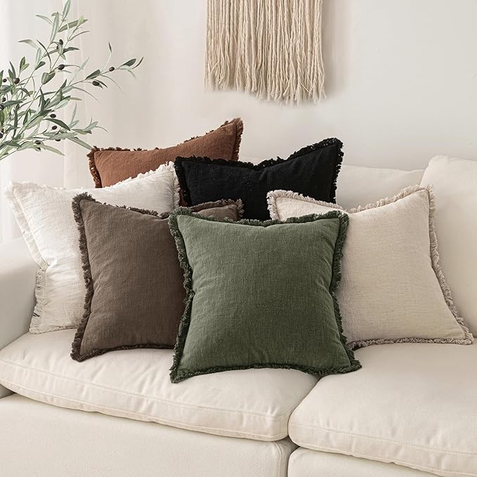 MIULEE Decorative Throw Pillow Covers Neutral Linen Fringe Throw Pillows Euro Shams Set of 2 Chocolate Brown Boho Farmhouse Cushion Covers for Couch Sofa Bed Living Room Spring Home Decor 24x24 Inch