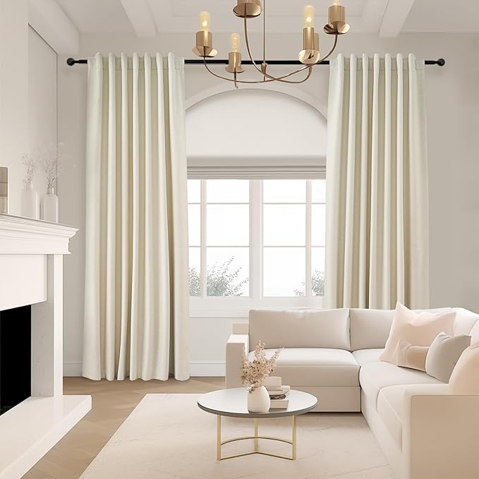 Cream Extra Long 120 Inch Blackout Curtains for Large Window Treatment Natural Farmhouse Thick Linen Texture Sound Proof Drapes Room Divider Pleat Ceiling Track Burg Bedroom 10Ft(W52 xL132 2 Panels)