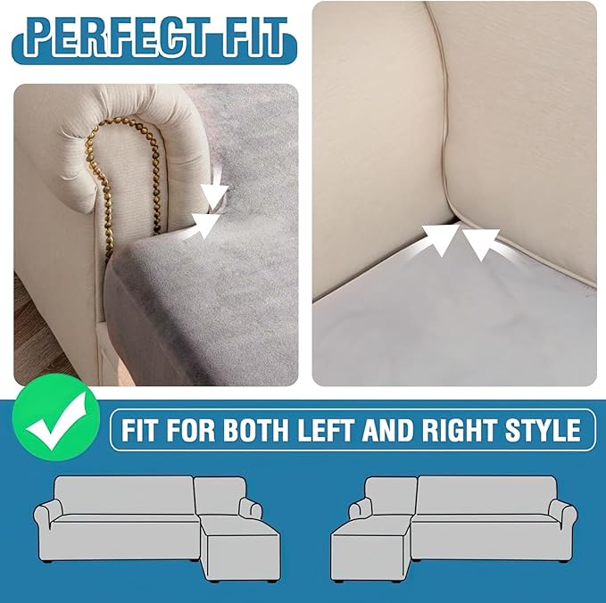 Couch Cover 8-Piece Elastic Velvet Couch Cushion Covers & Chaise Slipcovers for L-Shaped Sofas - Sofa Seat Covers Washable, Soft Protector for Couches (7 Seater + Chaise, Grey)